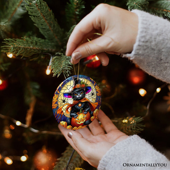 Enchanted Cat Witch Stained Glass Style Ceramic Ornament, Halloween Themed Christmas Gift and Decor Ceramic Ornament OrnamentallyYou