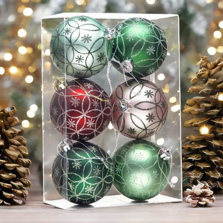 Enchanting Subtle Nature Ornament Bundle, Set of 6 Pine Green, Light Green, Mint Green, Pink and Matte Red Baubles Ornament Bundle OrnamentallyYou