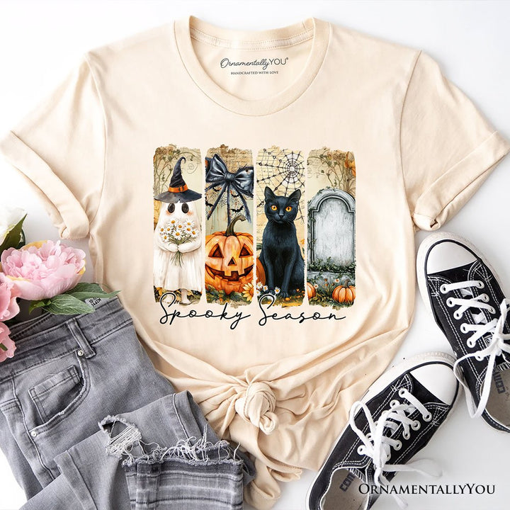 Fall Spooky Season Brushstroke T-Shirt, Coquette Vintage Ghost, Cat and Pumpkin Tee T-Shirts OrnamentallyYou Natural XS