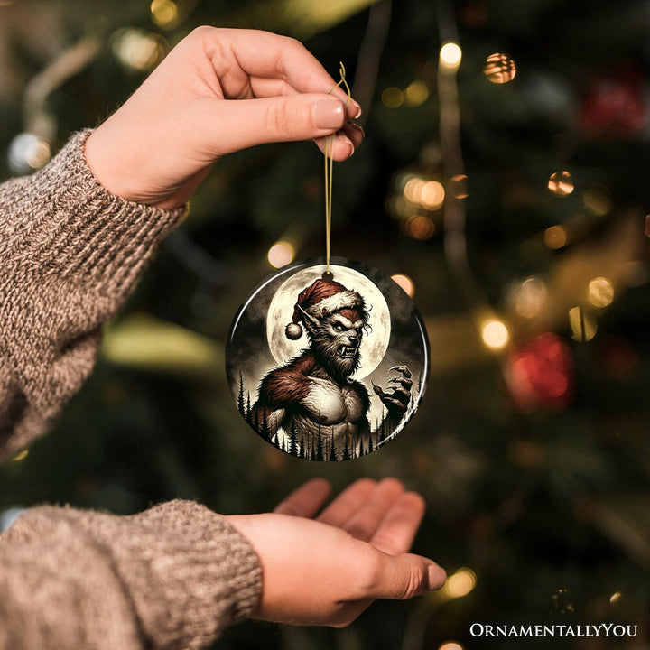 Ferocious Werewolf with Santa Hat Ornament, Terrifying Holiday Gift for Halloween Lovers Ceramic Ornament OrnamentallyYou