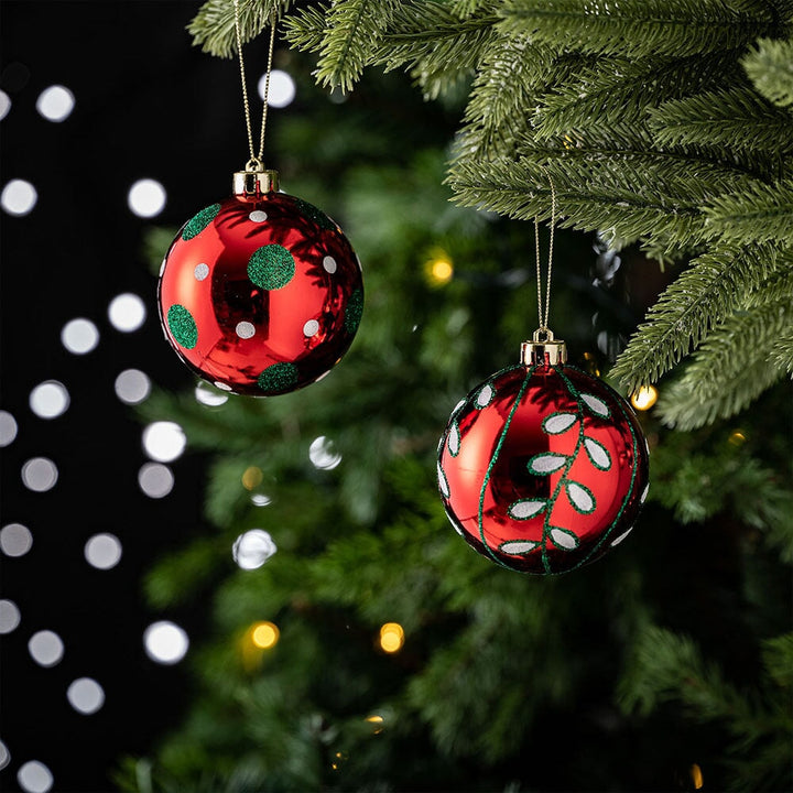 Festive Christmas Ornament Bundle, 16 Red and Green Glittered Baubles Ornament Bundle OrnamentallyYou