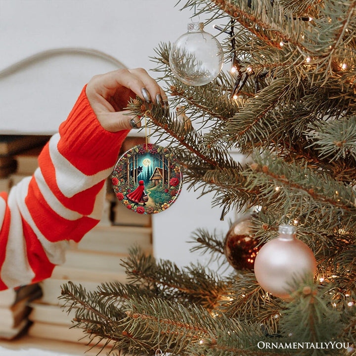 Folksy Sly Wolf and Red Riding Hood Ornament, Mystic Woodland Fantasy Holiday Decoration Ceramic Ornament OrnamentallyYou