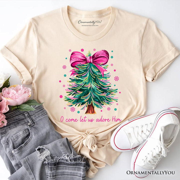 Glitter Christmas Tree Coquette Bow T‑Shirt, O Come Let Us Adore Him Holiday Tee T-Shirts OrnamentallyYou Natural XS