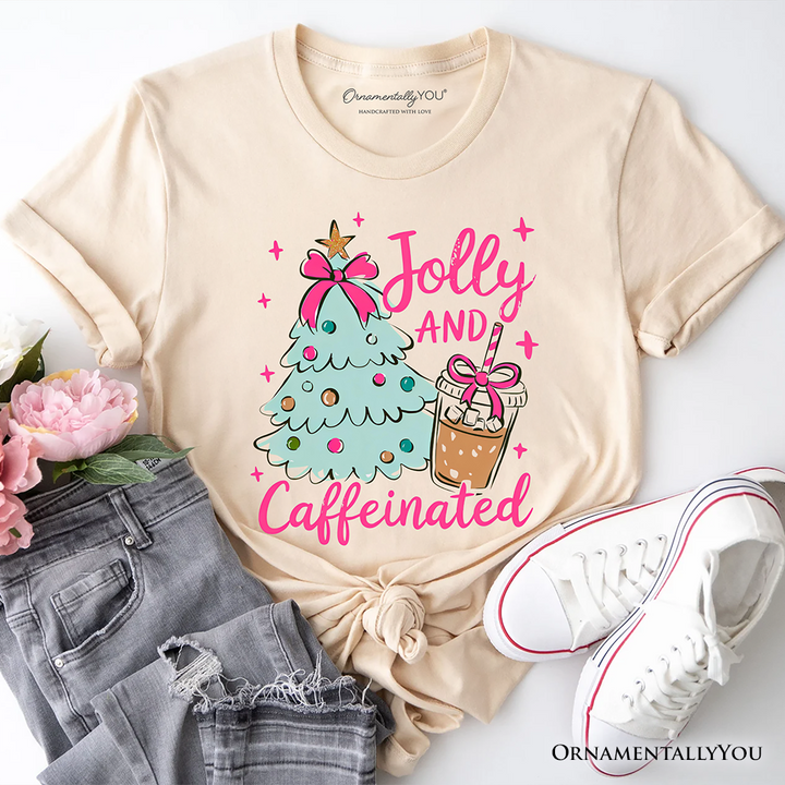 Jolly and Caffeinated Christmas Tree T-Shirt, Retro Coquette Coffee Holiday Tee