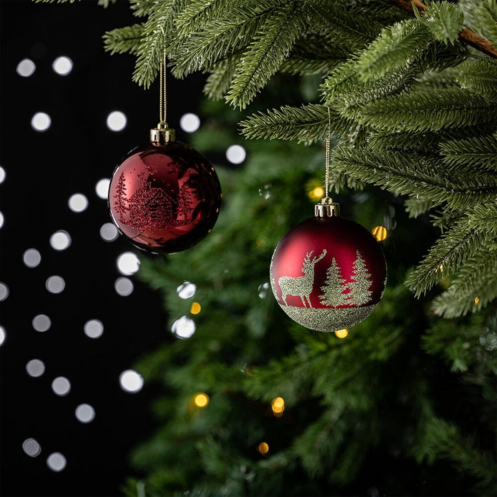 Majestic Winterly Nature Glittered Ornament Bauble Set, Red and Green Balls Bundle with Acorns, Snowflakes, and Spruce Tree Accents Glass Ornament OrnamentallyYou