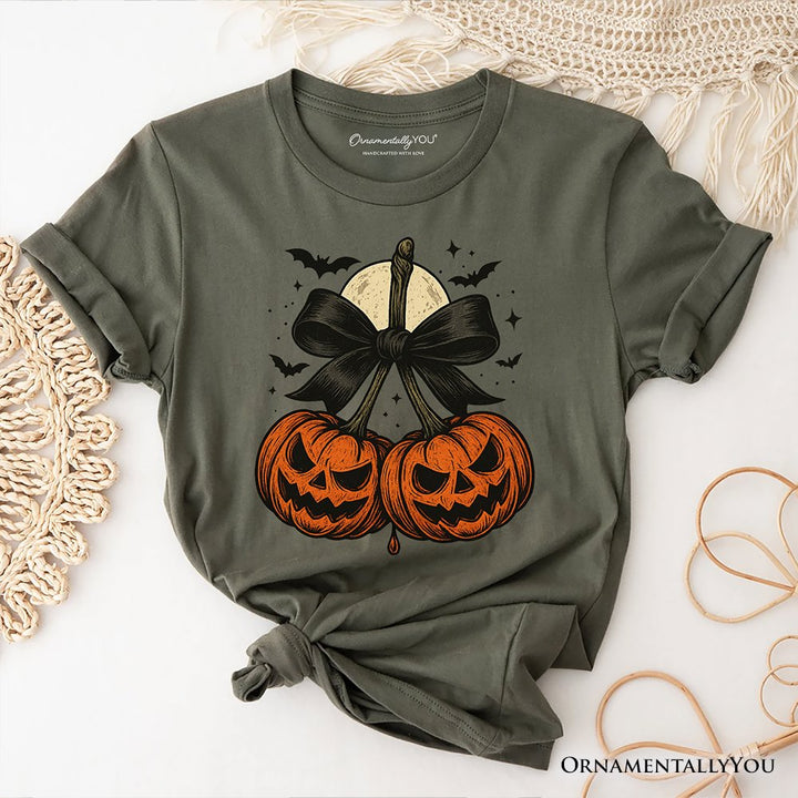 Pumpkin Cherries Coquette Bow T-Shirt, Retro Halloween Fall Season Tee for Sweet Autumn Girls T-Shirts OrnamentallyYou Military Green XS