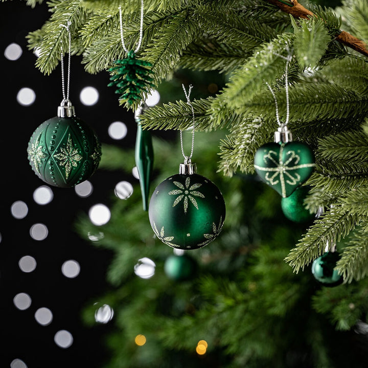 Sophisticated Red and Green Saturated Ornament Ball Bundle Set, Refined Forest Nature Glittered Patterns on Baubles, 70 Pieces Ornament Bundle OrnamentallyYou