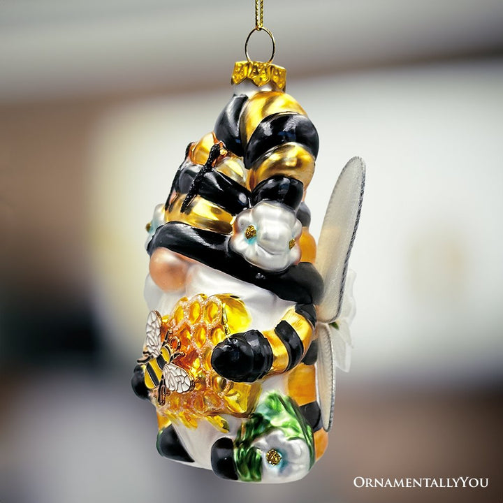 (Pre-Order) Sparkling Bee Gnome Glass Christmas Ornament, Bumblebee Themed Holiday Decor Glass Ornament OrnamentallyYou