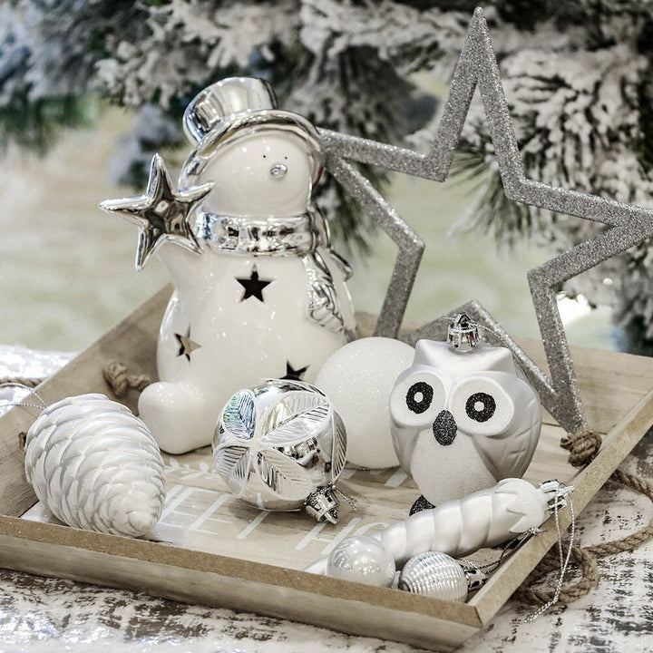 Winter Woodlands Large White and Silver Ornament Set of 90, Glittery Snow Owls, Cones, Snowflakes, and Stalactites Ornament Bundle OrnamentallyYou
