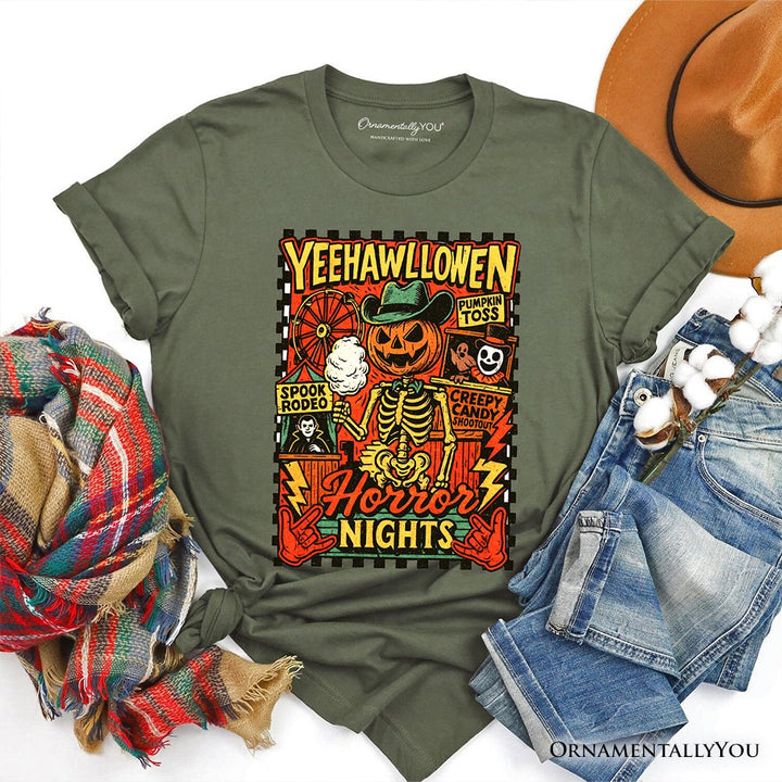 Yee Haw Halloween Retro Pumpkin Skeleton T-Shirt, Spooky Country Western Tee for Fall T-Shirts OrnamentallyYou Military Green XS