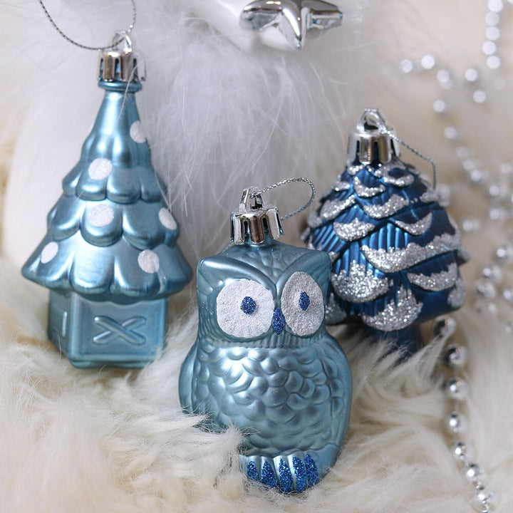 Blue and Silver Ornament Bundle Set, Owls and Glittery Winter Tree 80 Piece Set Ornament Bundle OrnamentallyYou