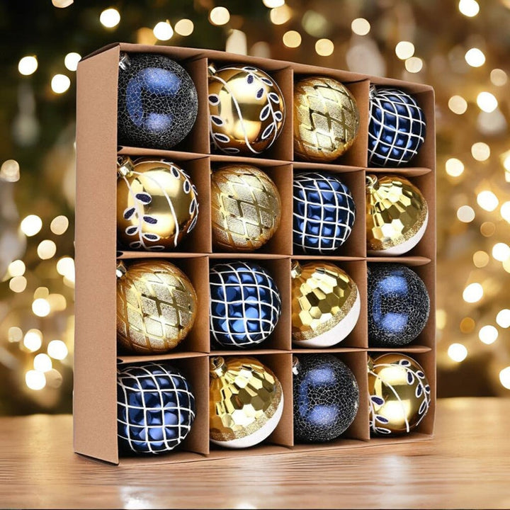 Festive Gold and Frosted Blue Assorted Ornament Bauble Bundle, Set of 16 Elegant Christmas Balls Ornament Bundle OrnamentallyYou