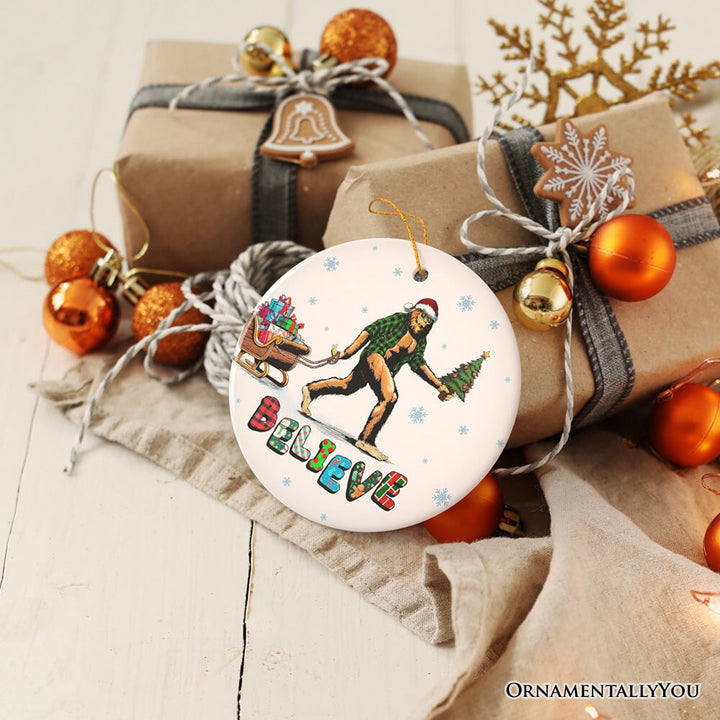 Funny Big Foot Believe Christmas Ornament, Sasquatch Humor Holiday Decor Ceramic Ornament OrnamentallyYou