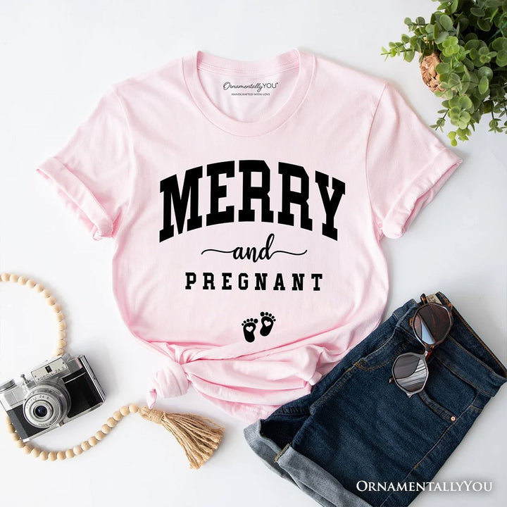 Merry and Pregnant T‑Shirt, Baby Announcement Christmas Tee for New Mom T-Shirts OrnamentallyYou Soft Pink XS