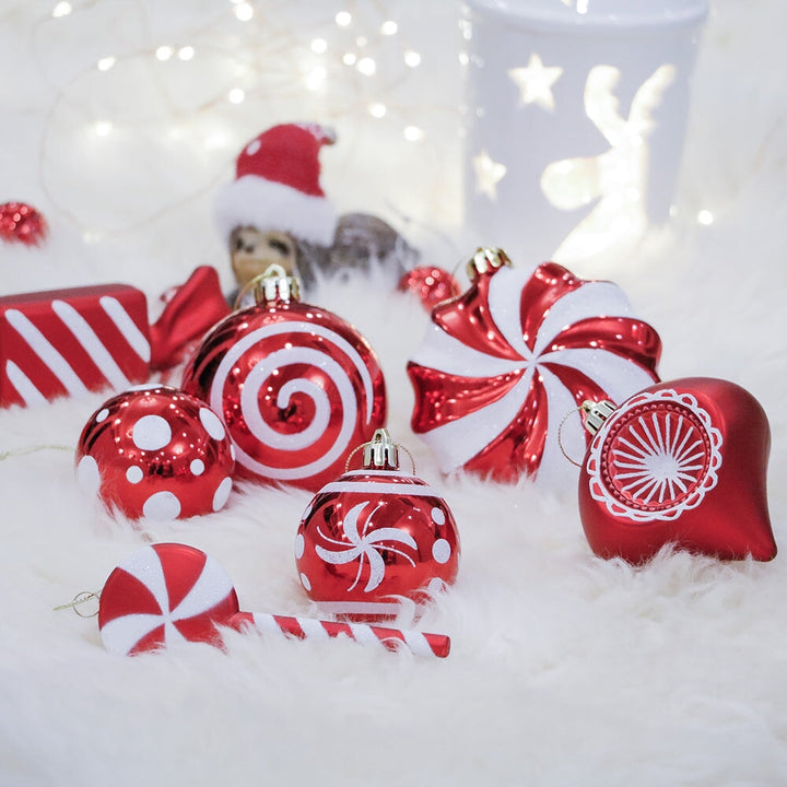 Premium Christmas Candy Red and White Large Ornament Set, Candycane Color 108 Piece Bauble Bundle Ornament Bundle OrnamentallyYou