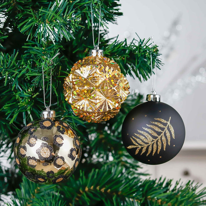 Vogue Black and Gold Ornament Set, Stylish Tree Set of 16 Glittery Baubles Ornament Bundle OrnamentallyYou
