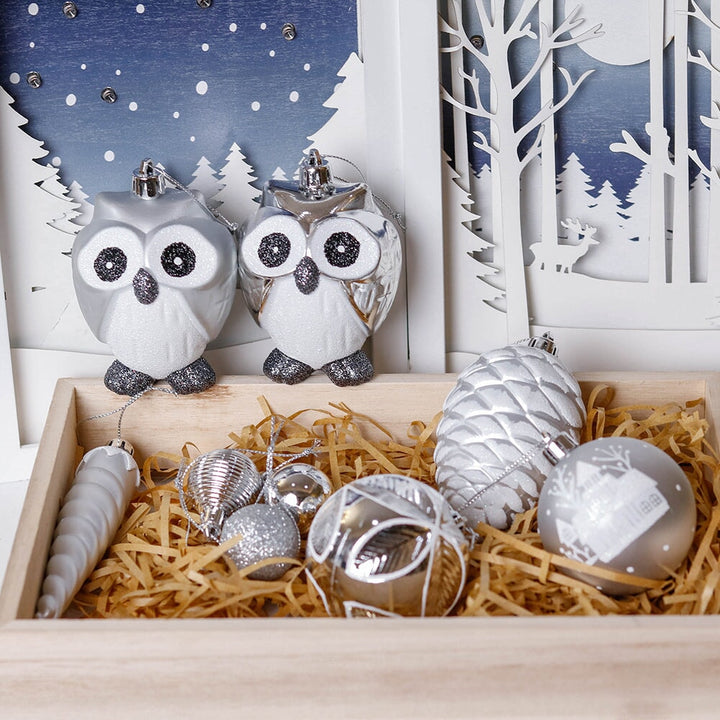 Winter Woodlands Large White and Silver Ornament Set of 90, Glittery Snow Owls, Cones, Snowflakes, and Stalactites Ornament Bundle OrnamentallyYou