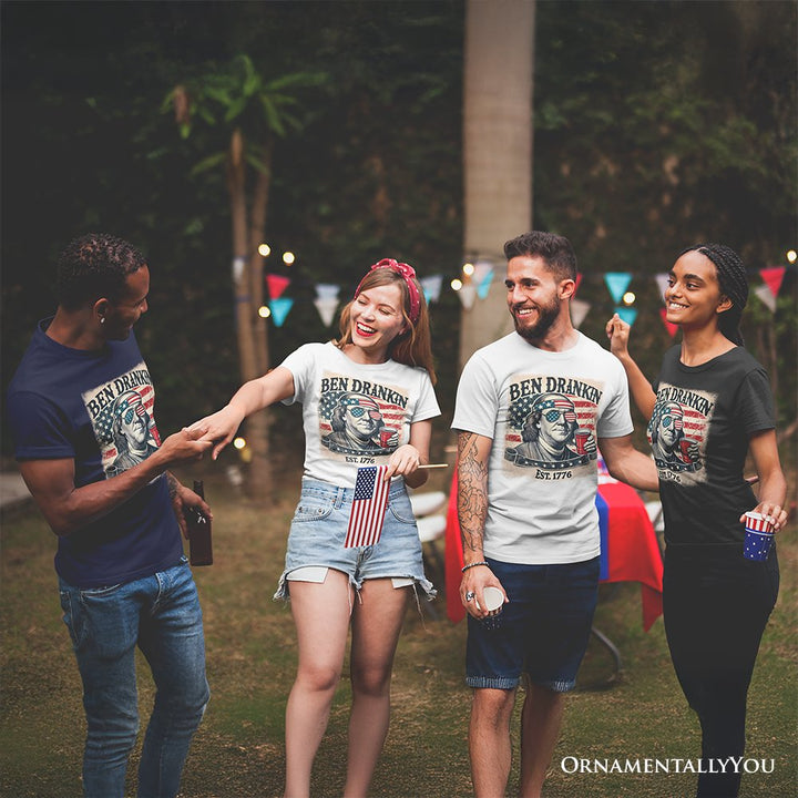 Ben Drankin Funny 4th of July T-Shirt, White, Navy and Black Patriotic Tee With Benjamin Franklin T-Shirts OrnamentallyYou