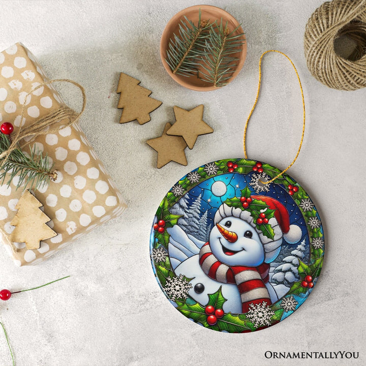 Frosty and Holly Snowman Ornament, Gift and Decor for Cheerful Winter Christmas Tree Ceramic Ornament OrnamentallyYou Circle Version 2
