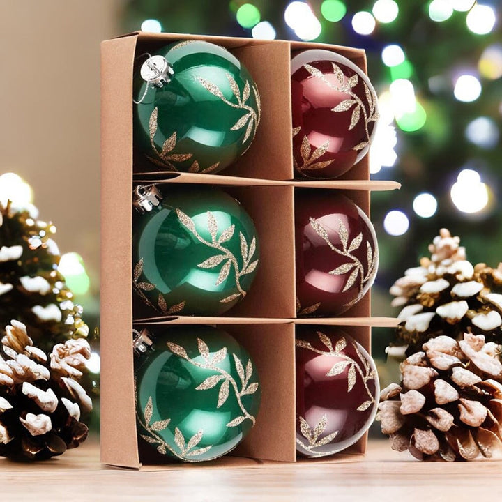 Majestic Gold Glittered Floral Bauble Christmas Ornament Set, 6 Pieces of Maroon and Green Round Tree Balls Ornament Bundle OrnamentallyYou