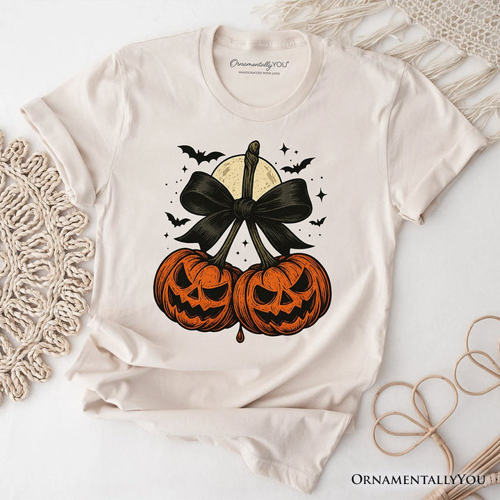 Pumpkin Cherries Coquette Bow T-Shirt, Retro Halloween Fall Season Tee for Sweet Autumn Girls T-Shirts OrnamentallyYou Natural XS