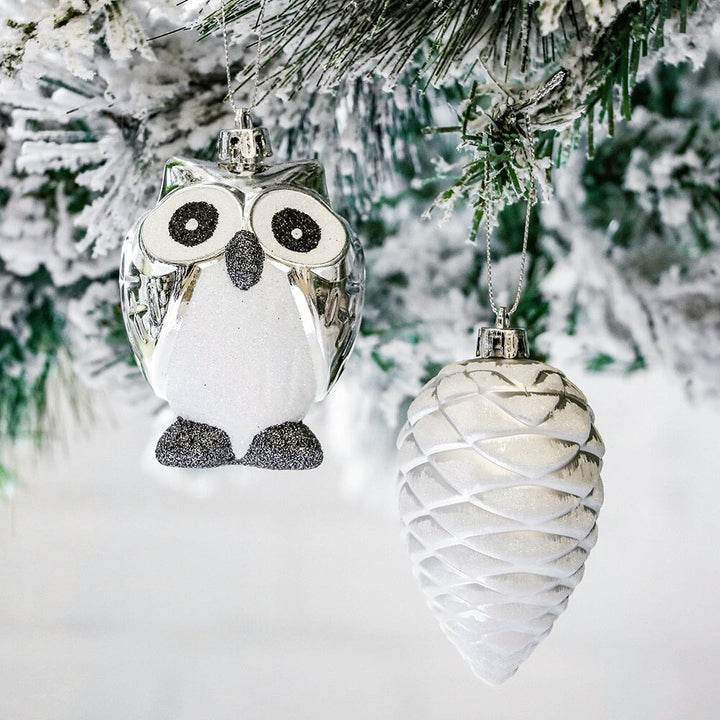 Winter Woodlands Large White and Silver Ornament Set of 90, Glittery Snow Owls, Cones, Snowflakes, and Stalactites Ornament Bundle OrnamentallyYou