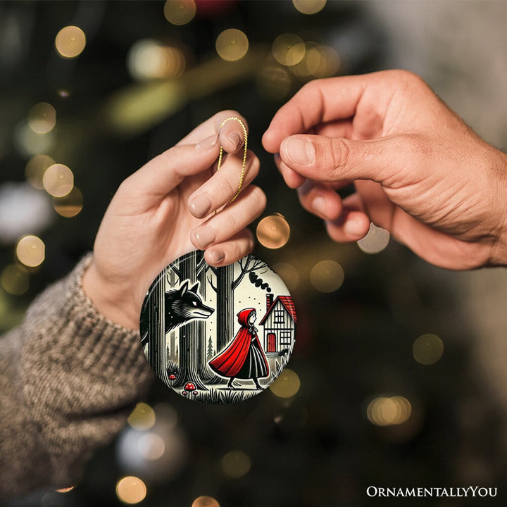 Mysterious Red Riding Hood in the Woods Ornament, Spooky Halloween Tree Decor Ceramic Ornament OrnamentallyYou