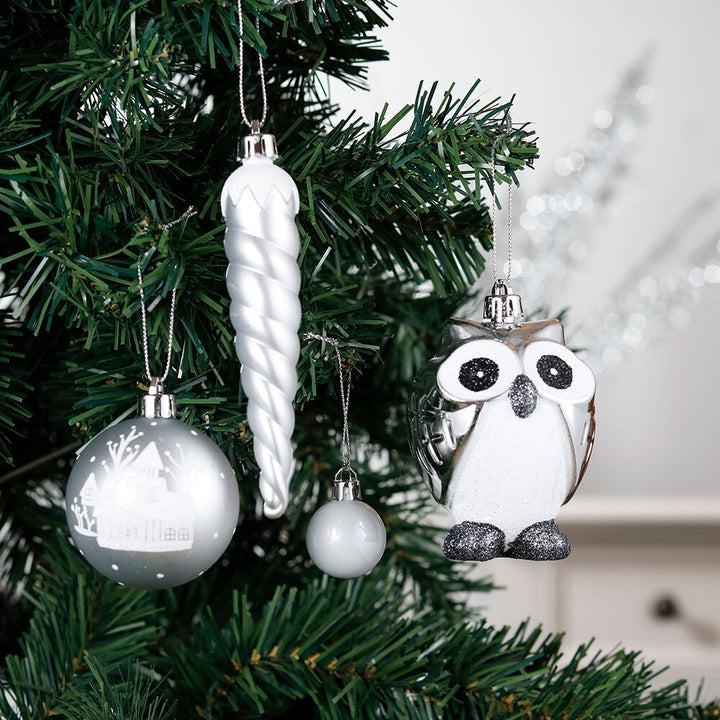 Winter Woodlands Large White and Silver Ornament Set of 90, Glittery Snow Owls, Cones, Snowflakes, and Stalactites Ornament Bundle OrnamentallyYou