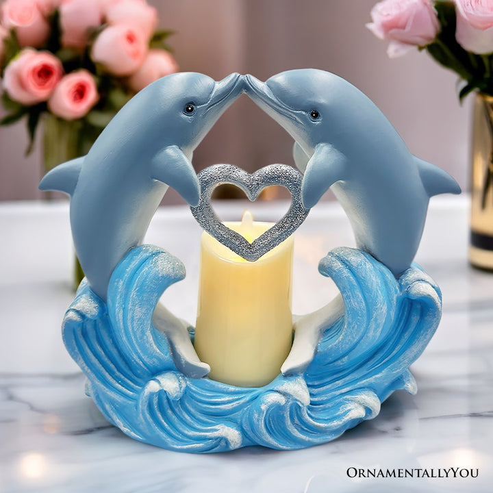 Tides of Affection Dolphin Figurine and Tealight Candle, 7" Romantic Tabletop Valentine or Anniversary Gift Resin Statues OrnamentallyYou
