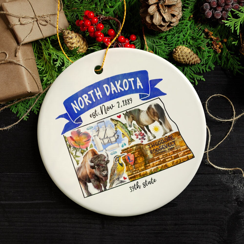 Artistic North Dakota State Themes and Landmarks Christmas Ornament Ceramic Ornament OrnamentallyYou 