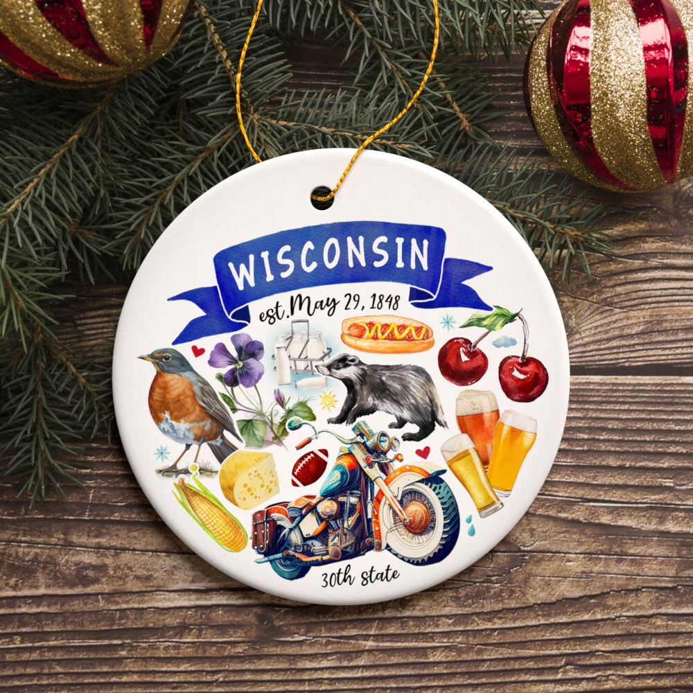 Artistic Wisconsin State Themes and Landmarks Christmas Ornament Ceramic Ornament OrnamentallyYou