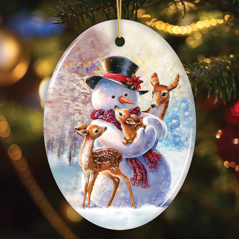 Charming Delicate Snowman and Fawns Christmas Ornament, Winter Deer Love Scene Ceramic Ornament OrnamentallyYou Oval