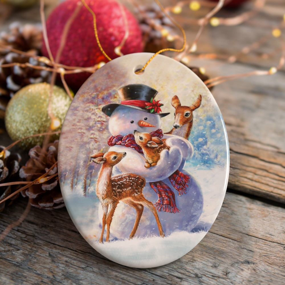 Charming Delicate Snowman and Fawns Christmas Ornament, Winter Deer Love Scene Ceramic Ornament OrnamentallyYou