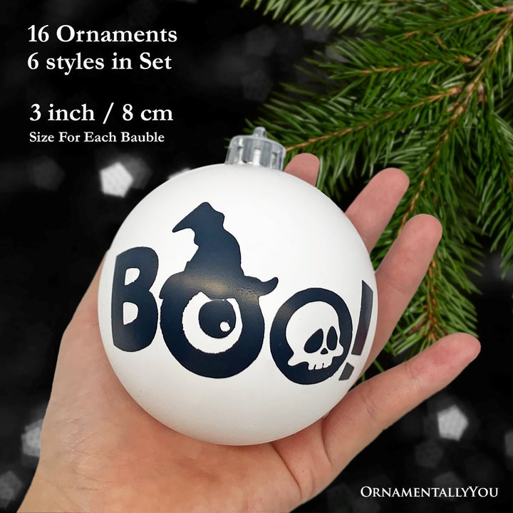 Creepy Boo Assorted 16 Piece Black and White Ornament Bundle, Monochrome 3" Halloween Bauble Set Ornament Bundle OrnamentallyYou