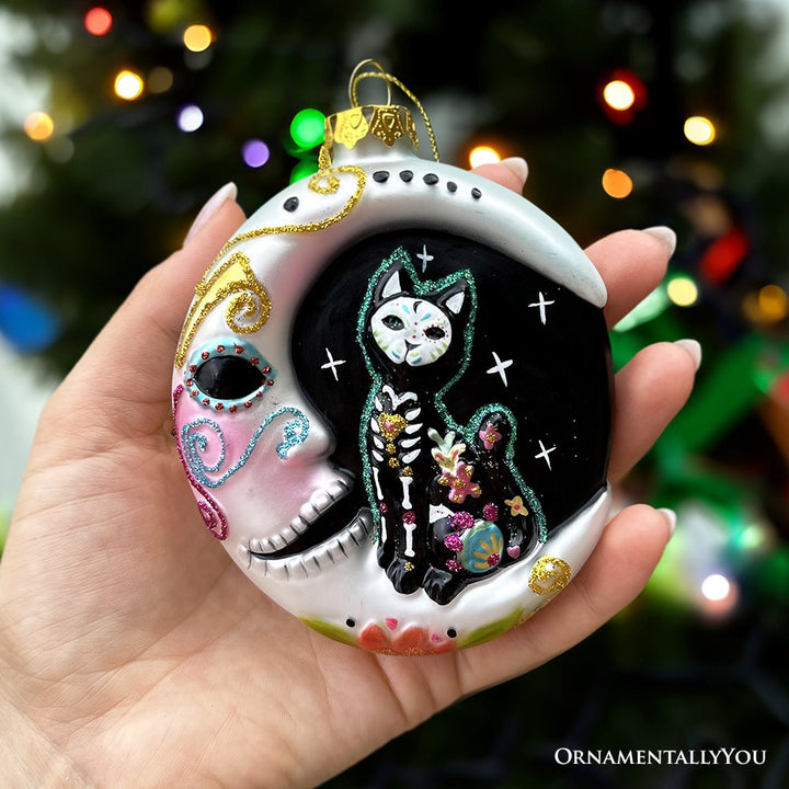 (Pre-Order) Folkloric Siamese Cat Sugar Skull Glass Ornament, Celestial Crescent Moon Halloween Decor Glass Ornament OrnamentallyYou
