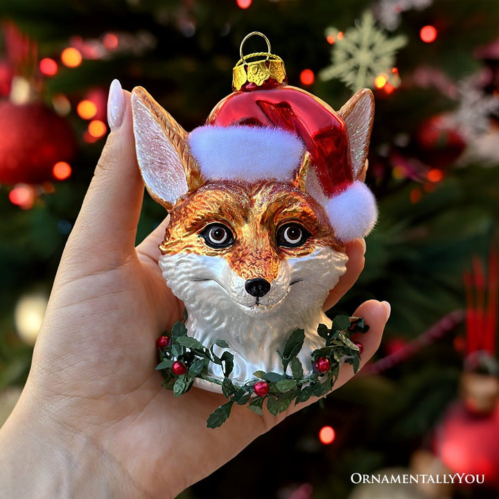 Fox with Santa Hat Glass Christmas Ornament, Woodland Animal Wreath Gift Decor Glass Ornament OrnamentallyYou