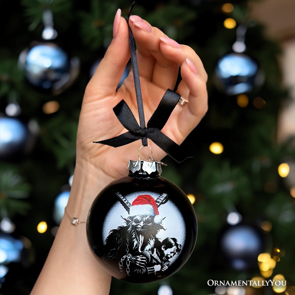(Pre-Order) Krampus Christmas Spooky Portrait Glass Ornament, Black Horror Halloween Tree Decoration Round Glass Ball Ornament OrnamentallyYou