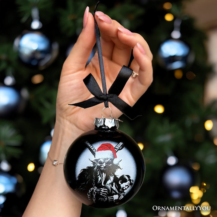 (Pre-Order) Krampus Christmas Spooky Portrait Glass Ornament, Black Horror Halloween Tree Decoration Round Glass Ball Ornament OrnamentallyYou