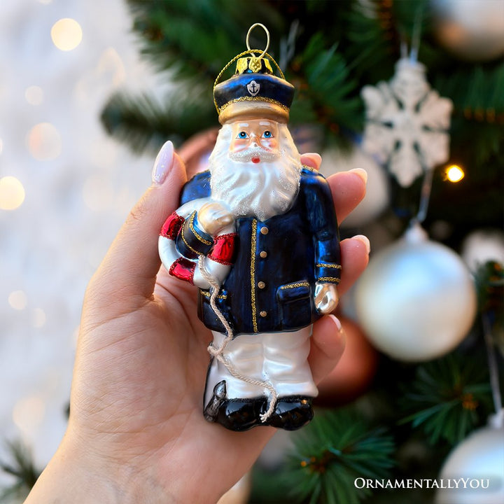 (Pre-Order) Santa the Ship Captain Glass Ornament, Gift for Boat Commander of the Seas Glass Ornament OrnamentallyYou