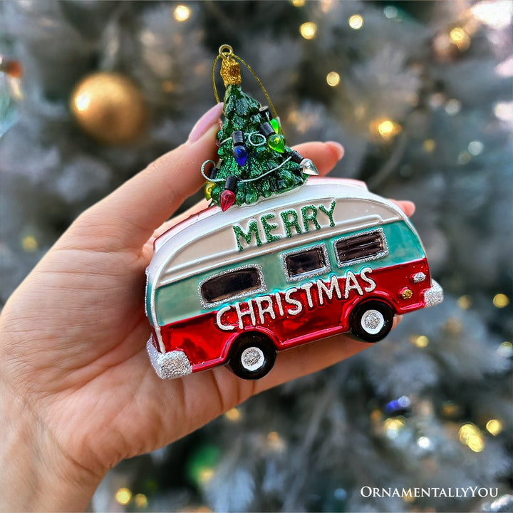 Camping RV Glass Christmas Ornament, Camper Trailer Motorhome Traveler Gift Glass Ornament OrnamentallyYou
