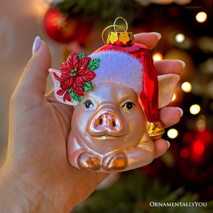 Charming Pig with Santa Hat Glass Christmas Ornament, Cute Farmhouse Tree Decor Glass Ornament OrnamentallyYou