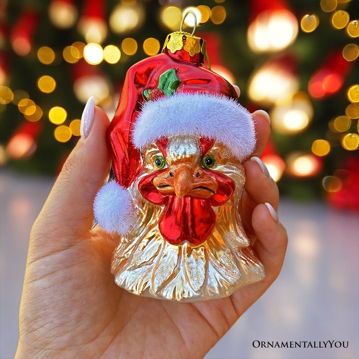 Rooster with Santa Hat Handblown Glass Christmas Ornament, Farm Chicken Holiday Decor Glass Ornament OrnamentallyYou