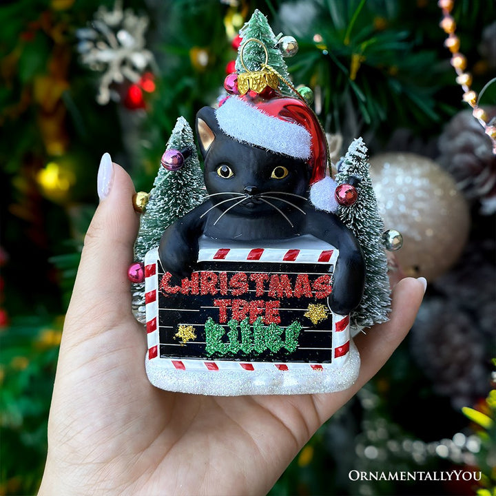 Christmas Tree Killer Funny Black Cat Glass Christmas Ornament, Whimsical Funny Tree Decor Glass Ornament OrnamentallyYou