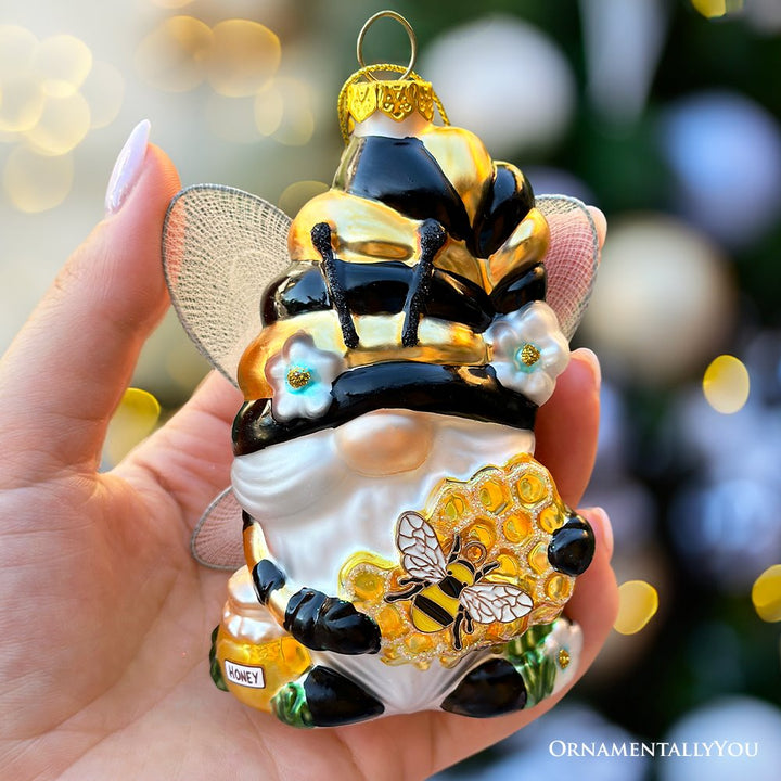 (Pre-Order) Sparkling Bee Gnome Glass Christmas Ornament, Bumblebee Themed Holiday Decor Glass Ornament OrnamentallyYou