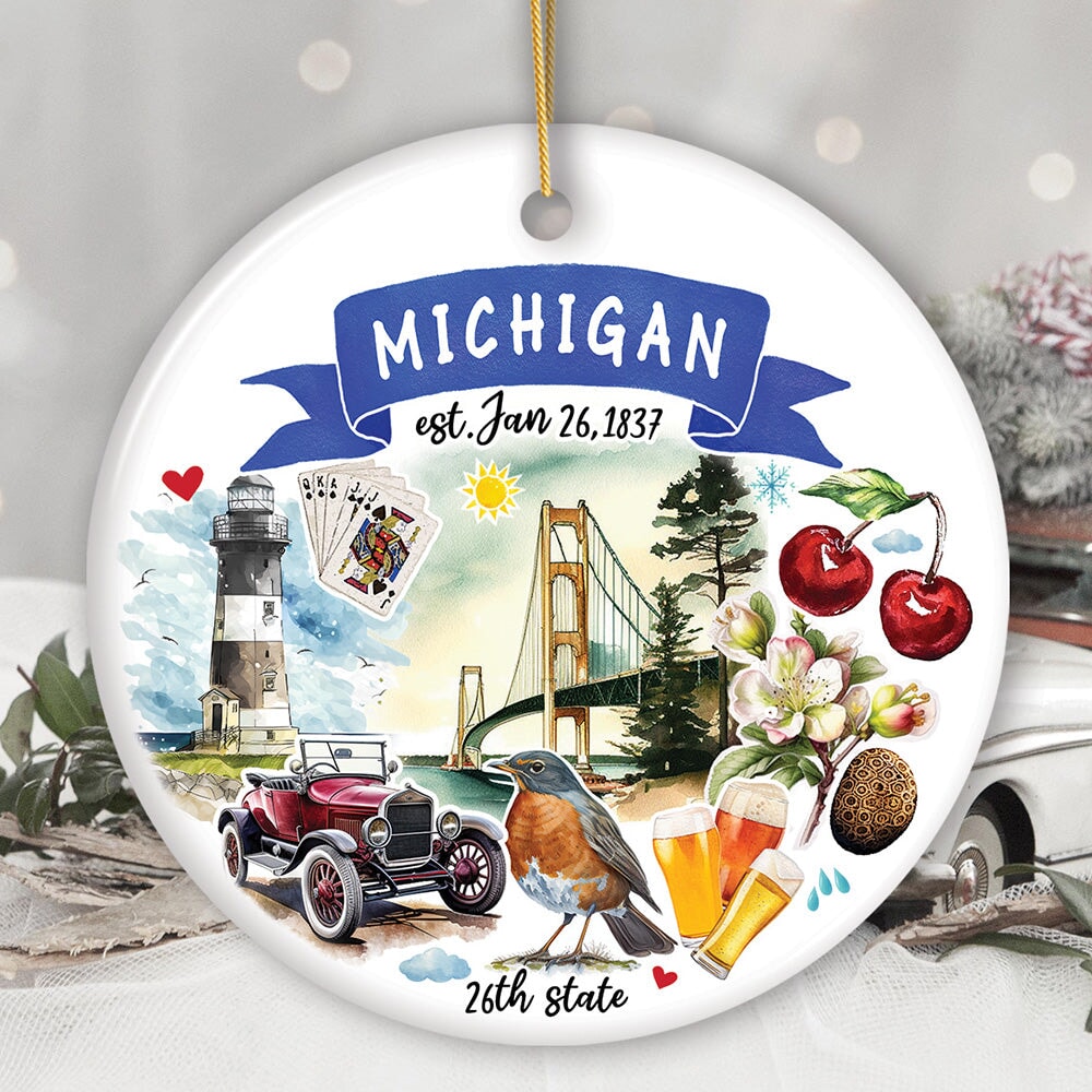 Artistic Michigan State Themes and Landmarks Christmas Ornament Ceramic Ornament OrnamentallyYou Circle 