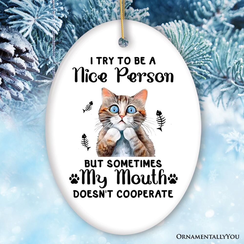 Funny Cat Trying to be a Nice Person, Cute and Funny Christmas Gift Ceramic Ornament OrnamentallyYou Oval