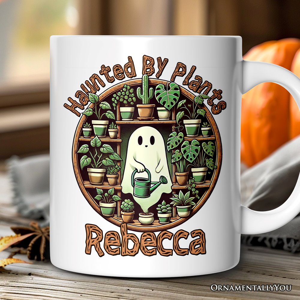 Green Thumb Ghost, Personalized Halloween Mug, Haunted by Plants, Fun Gardener Gift with Custom Name Personalized Ceramic Mug OrnamentallyYou 12oz Mug Customized