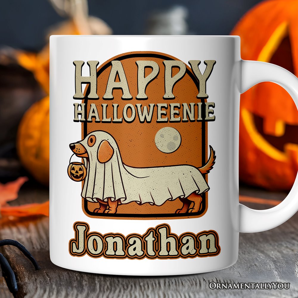Happy Halloweenie, Personalized Halloween Mug, Retro Halloween Dachshund Gift with Custom Name Personalized Ceramic Mug OrnamentallyYou 12oz Mug Customized