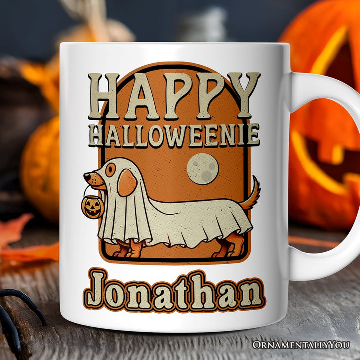 Happy Halloweenie, Personalized Halloween Mug, Retro Halloween Dachshund Gift with Custom Name Personalized Ceramic Mug OrnamentallyYou 12oz Mug Customized