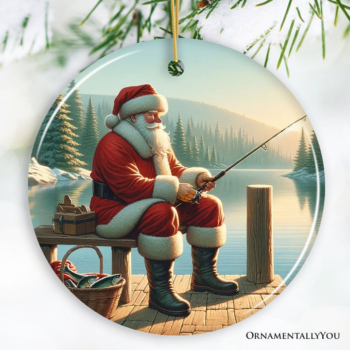 Peaceful Fishing Session with Santa Claus Christmas Ornament, Gift for Anglers Ceramic Ornament OrnamentallyYou Circle